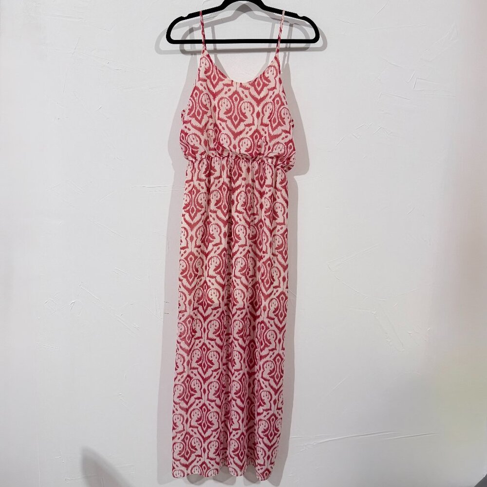 Charming Charlie Red White Maxi Dress Size L Women’s Sleeveless Boho Print